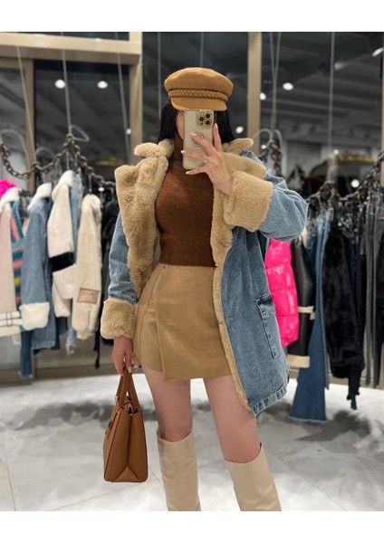 Leksa Uzun Içi Kürklü Kot Mont Camel