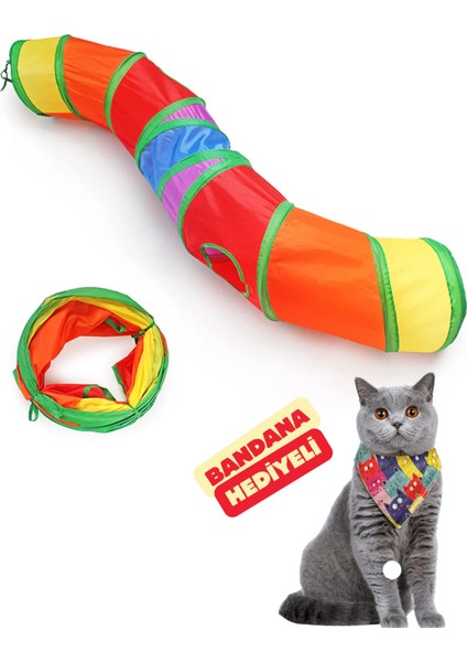 Kedi Tüneli Kıvrımlı Katlanabilir Kedi Renkli Kedi Tüneli Rainbow Kedi Oyuncağı 120 cm