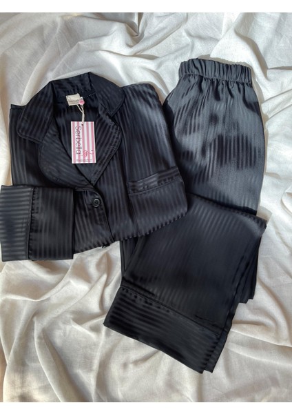 Luxury Siyah Jakarlı Pamuk Saten Pijama Takımı