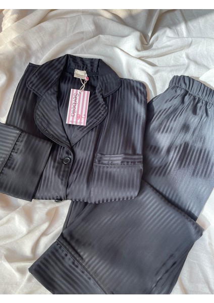 Luxury Siyah Jakarlı Pamuk Saten Pijama Takımı modelleri