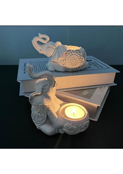 Taşdevri Life 2 Li Dekoratif Fil Mumluk Tealight Mumluk Beyaz