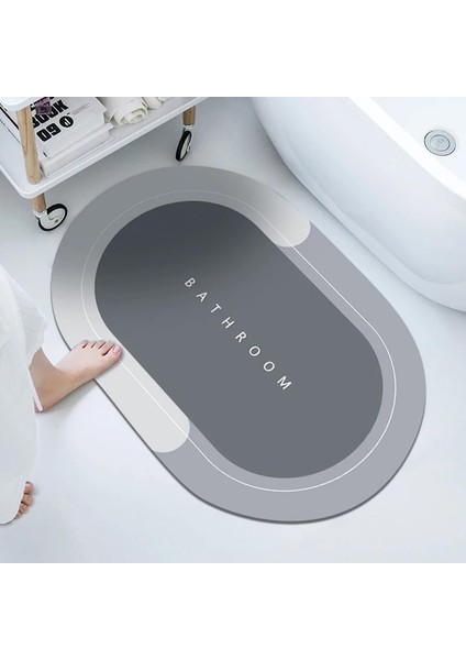 Banyo Paspası-Kaymaz Tabanlı-Süper Emici Banyo Paspası-Abdest Paspası-Oval (Gri)