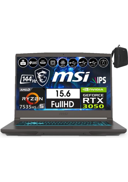 Msı Nb Thın A15 Ryzen 5 7535HS 48GB Ddr5 2tb SSD 6GB/RTX3050 WINDOWS11HOME 15.6" 144Hz Fhd IPS Taşınabilir Bilgisayar B7UC-077XTRW31+WEBLEGELSINÇANTA