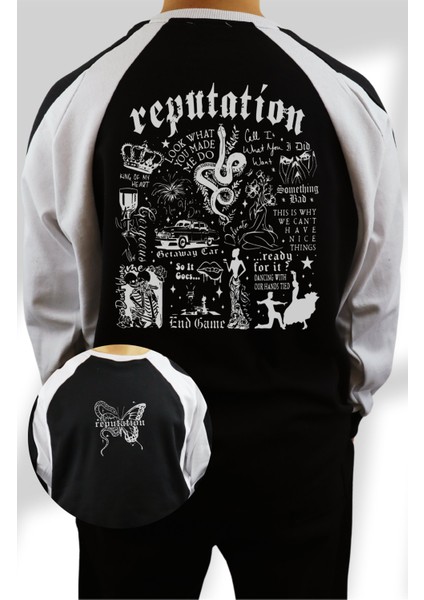 Unisex Oversize Taylor Swift Reputation Sırt Baskılı Kapüşonsuz Bisikliet Yaka Sweatshirt