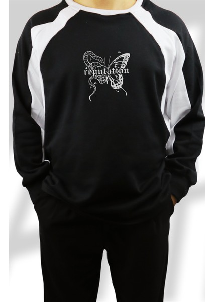 Unisex Oversize Taylor Swift Reputation Sırt Baskılı Kapüşonsuz Bisikliet Yaka Sweatshirt