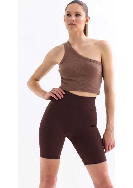 Kadın Siyah Fitilli Yüksek Bel Toparlayıcı Kısa Şort Örme Biker Tayt