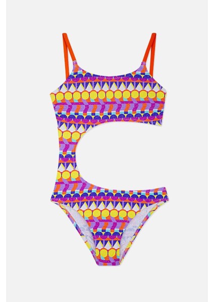 4951 Mor Desenli Kız Çocuk Mayokini