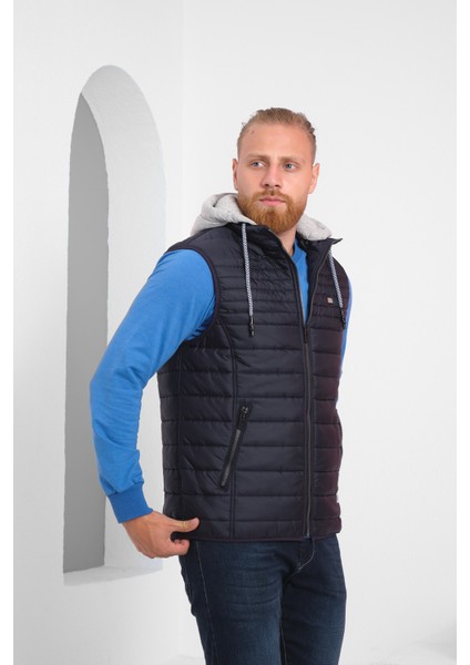 Erkek Antrasit Çıkarılabilir Kapüşonlu Penye Astarlı Şişme Yelek