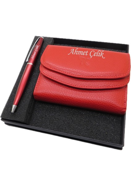 Kişiye Özel Deri Cüzdan Ve Kalem Seti | Lake Kırmızı Kalem + Deri & El Işciliği Cüzdan Seti | Isme Özel Hediyelik Set