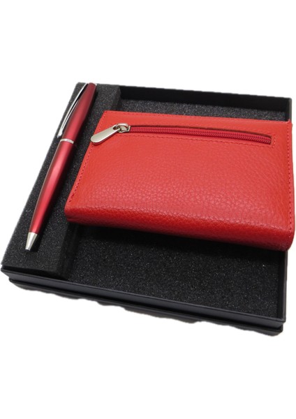 Kişiye Özel Deri Cüzdan Ve Kalem Seti | Lake Kırmızı Kalem + Deri & El Işciliği Cüzdan Seti | Isme Özel Hediyelik Set fırsatları