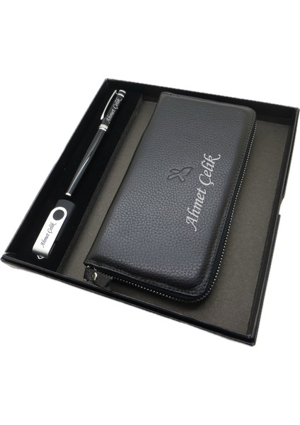 Kişiye Özel Deri Portföy Cüzdan (Telefon Bölmeli) Usb Bellek Ve Kalem Seti | Pierre Cardin Kalem + Deri & El Işciliği Cüzdan Seti | Isme Özel Hediyelik Set