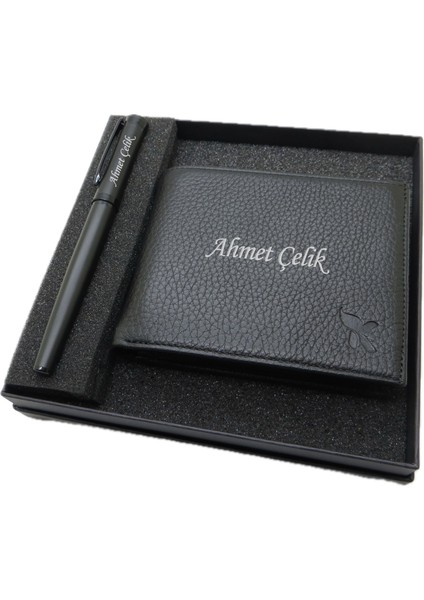 Kişiye Özel Cüzdan Ve Kalem Seti | MAt Siyah Roller Kalem + Deri & El Işciliği Cüzdan Seti | Isme Özel Hediyelik Set