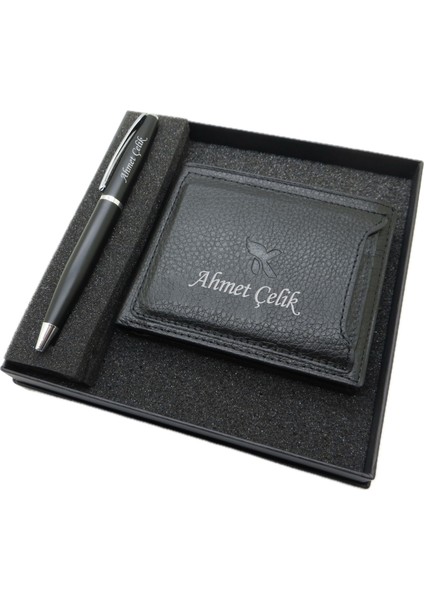 Kişiye Özel Kartlıklı Cüzdan Ve Kalem Seti | MAt Siyah Kalem + Deri & El Işciliği Cüzdan Seti | Isme Özel Hediyelik Set