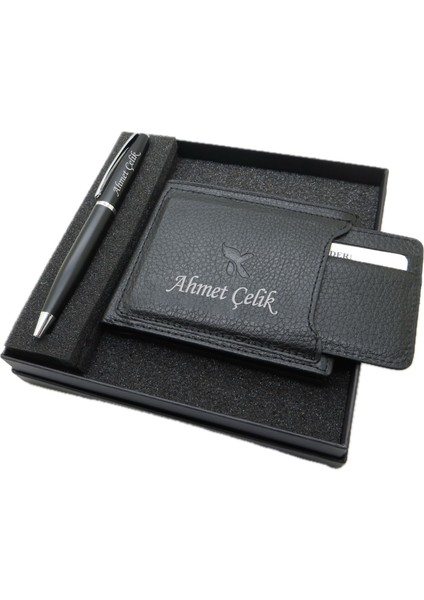 Kişiye Özel Kartlıklı Cüzdan Ve Kalem Seti | MAt Siyah Kalem + Deri & El Işciliği Cüzdan Seti | Isme Özel Hediyelik Set fiyatları