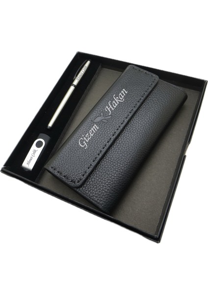 Kişiye Özel Deri Portföy Cüzdan (Telefon Bölmeli) Usb Bellek Ve Kalem Seti | Scrikss Kalem + Deri & El Işciliği Cüzdan Seti | Isme Özel Hediyelik Set