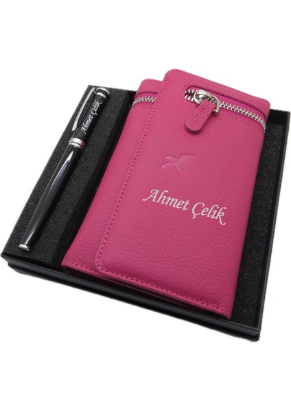 Kişiye Özel Fuşya Deri Cüzdan Ve Kalem Seti | Pierre Cardin Kalem + Deri & El Işciliği Cüzdan Seti | Isme Özel Hediyelik Set