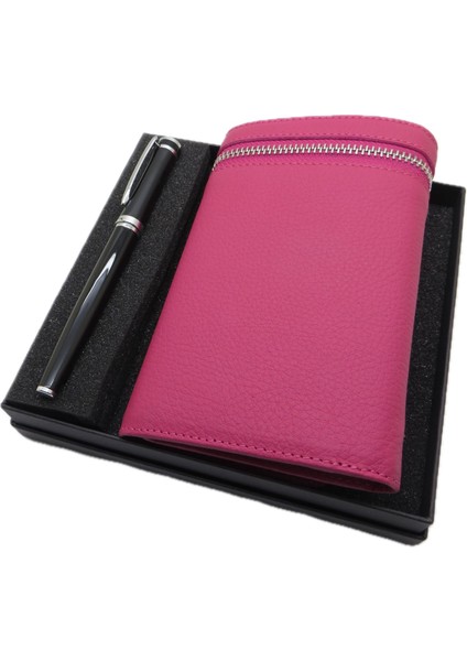 Kişiye Özel Fuşya Deri Cüzdan Ve Kalem Seti | Pierre Cardin Kalem + Deri & El Işciliği Cüzdan Seti | Isme Özel Hediyelik Set modelleri