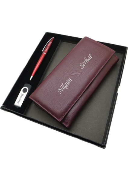 Kişiye Özel Deri Portföy Cüzdan (Telefon Bölmeli) Usb Bellek Ve Kalem Seti | Kalem + Deri & El Işciliği Cüzdan Seti | Isme Özel Hediyelik Set