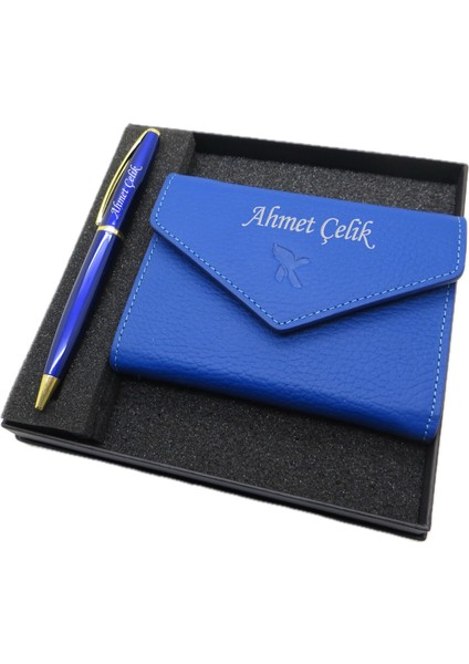 Kişiye Özel Deri Cüzdan Ve Kalem Seti | Lake MAvi Kalem + Deri & El Işciliği Cüzdan Seti | Isme Özel Hediyelik Set