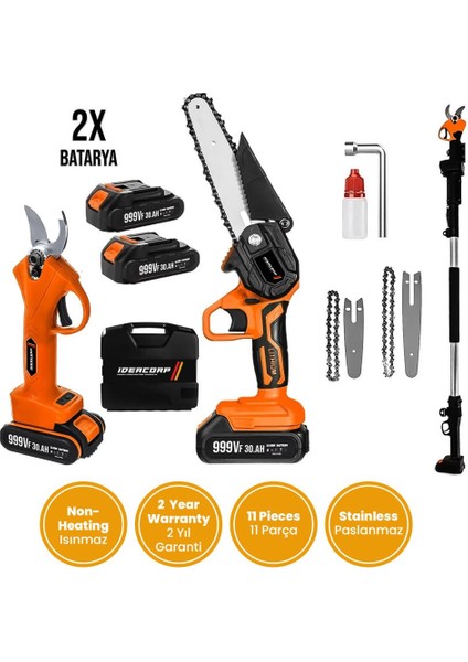 2'li Set 3 mt Teleskopik Akülü Dal Kesme Makası & Budama Bıçkı Testere Makinesi