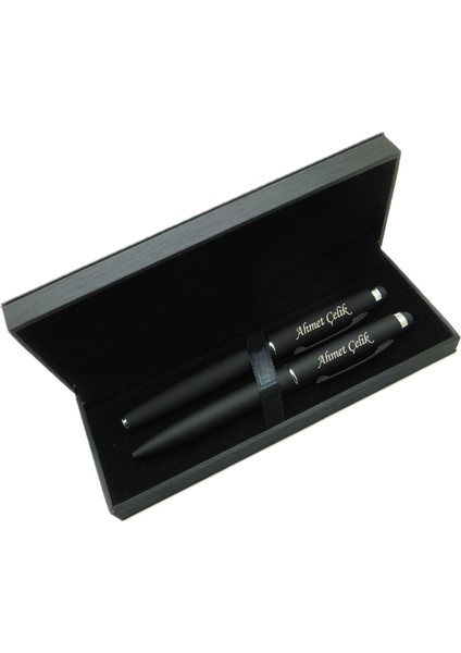 ® M500 Mat Siyah Kalem Seti - Roller Kalem + Tükenmez Kalem | Isme Özel Kalem | Hediyelik Kalem