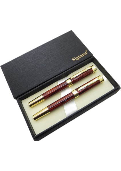 ® ST203 Bordo Sedefli Lake Gold Heybetli Kalem Seti - Dolma Kalem + Roller Kalem | Isme Özel Kalem modelleri