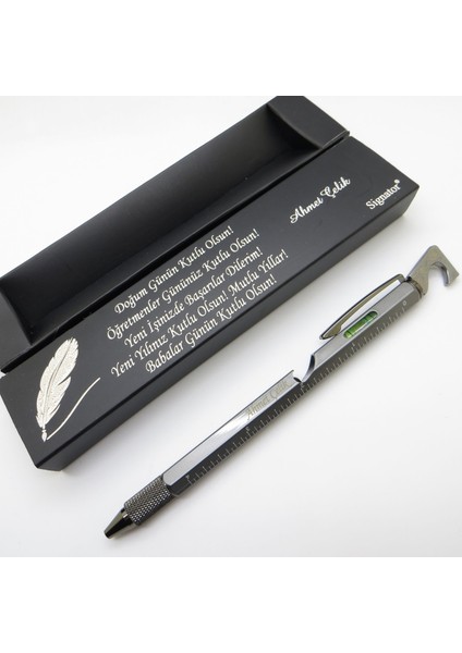 ® C545 Titanyum Krom Mühendis Kalemi Çok Fonksiyonlu - Açacak, Telefon Tutacağı, Su Terazisi, Çift Uçlu Tornavida, Cetvel | Isme Özel Kalem | Hediyelik Kalem