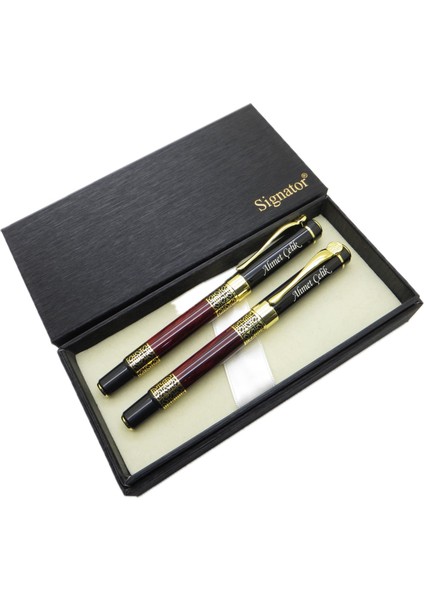 ® ST209 Sedefli Lake Gold Bordo Kalem Seti - Dolma Kalem + Roller Kalem | Isme Özel Kalem