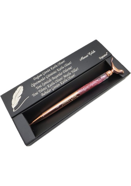 ® C452 Kuş Figürü Başlıklı Simli Rose Gold Tükenmez Kalem | Isme Özel Kalem | Hediyelik Kalem