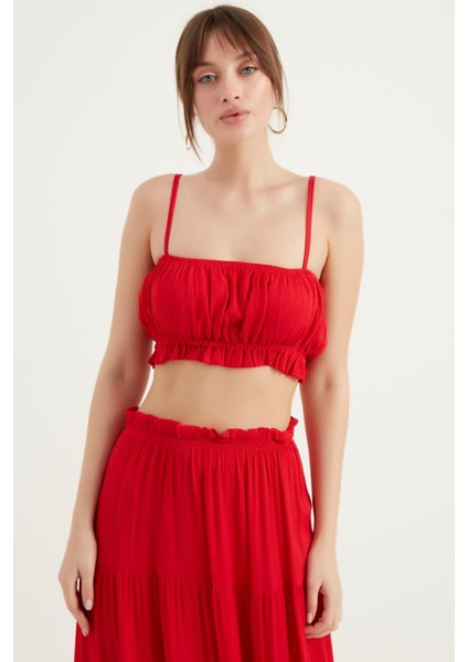 Ince Askılı Bürümcük Kumaş Büstiyer Kırmızı 2129