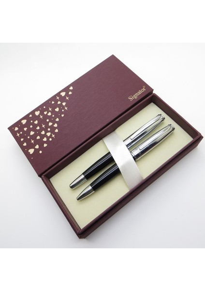 ® S357 Siyah Krom Roller Kalem + Tükenmez Kalem Set | Isme Özel Kalem | Hediyelik Kalem