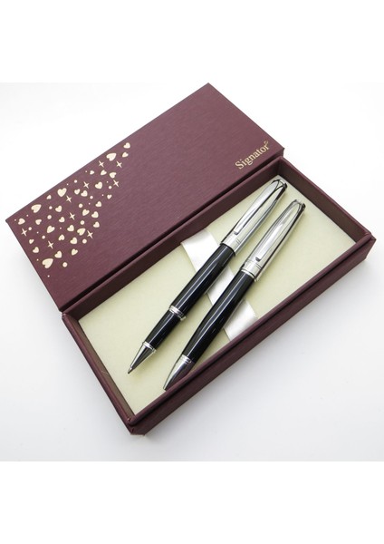 ® S357 Siyah Krom Roller Kalem + Tükenmez Kalem Set | Isme Özel Kalem | Hediyelik Kalem