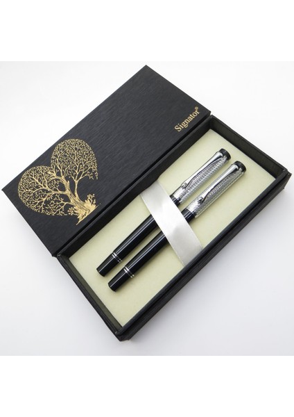 ® S345 Siyah Krom Dolma Kalem + Roller Kalem Set | Isme Özel Kalem | Hediyelik Kalem