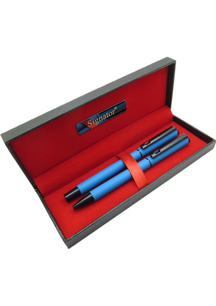 ® T404 Mavi Kalem Seti - Roller Kalem + Tükenmez Kalem | Isme Özel Kalem | Hediyelik Kalem