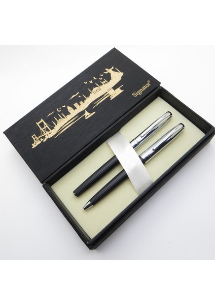 ® S333 Slim Siyah Krom Kalem Seti - Roller Kalem + Tükenmez Kalem Set | Isme Özel Kalem | Hediyelik Kalem