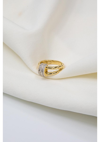 14 Ayar Altın Çift Boğumlu Beyaz Şerit Baget Yüzük fiyatları