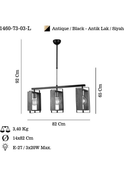 Karo 3 Lü Antik/siyah Boyalı Sıralı Avize 3XE27 fiyatları