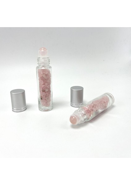 Sertifikalı Pembe Kuvars Doğal Taş Esans Şişesi ve Roller Masaj Aleti 10ML