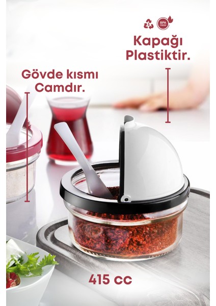 2 Adet Plastik Kapaklı Kaşıklı Cam Şekerlik Tuzluk Biberlik Baharatlık Seti- Baharat Takımı