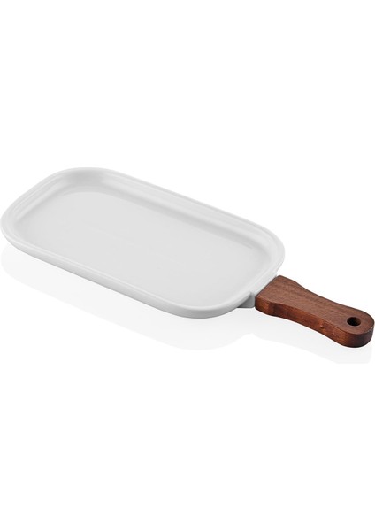 Woody Beyaz Renk Porselen ve Akasya Ağacı Şık Sade Servis Tabağı 35X15 cm