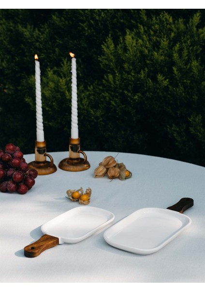 Woody Beyaz Renk Porselen ve Akasya Ağacı Şık Sade Servis Tabağı 35X15 cm modelleri