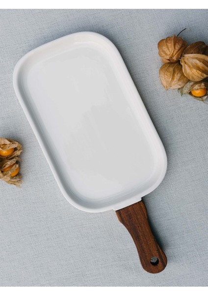 Woody Beyaz Renk Porselen ve Akasya Ağacı Şık Sade Servis Tabağı 35X15 cm indirimleri