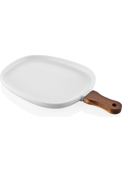 Woody Beyaz Porselen ve Akasya Ağacı Şık Sade Servis Tabağı 32X20 cm