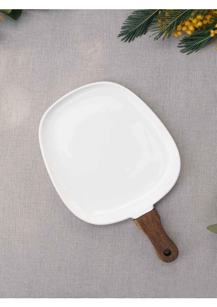 Woody Beyaz Porselen ve Akasya Ağacı Şık Sade Servis Tabağı 32X20 cm fırsatları