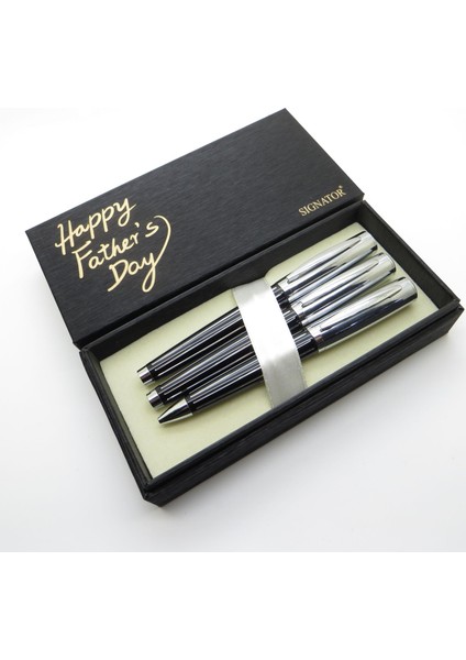 ® S234 Parlak Krom Çizgili Siyah Dolma Kalem + Roller Kalem + Tükenmez Kalem Seti | Isme Özel Kalem | Hediyelik Kalem