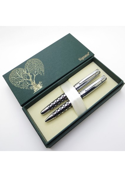 ® S295 Parlak Krom Kabartmalı Kalem Seti - Dolma Kalem + Tükenmez Kalem Set | Isme Özel Kalem | Hediyelik Kalem
