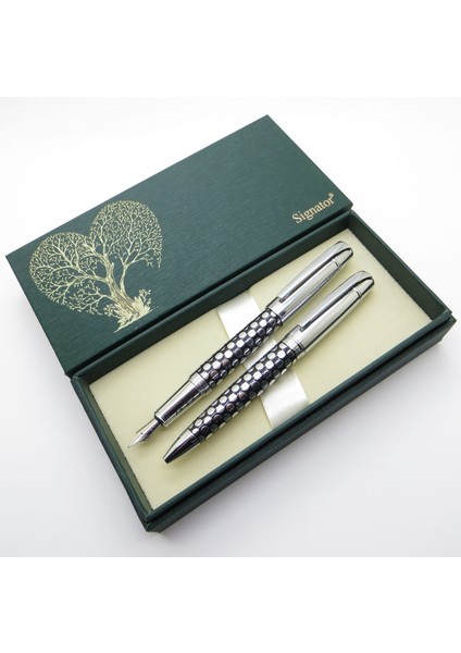 ® S295 Parlak Krom Kabartmalı Kalem Seti - Dolma Kalem + Tükenmez Kalem Set | Isme Özel Kalem | Hediyelik Kalem