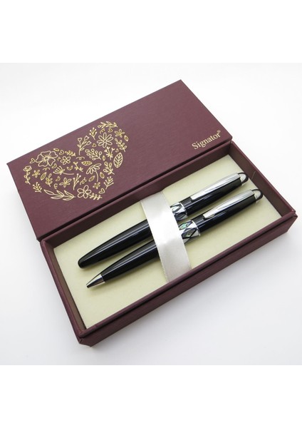 ® S259 Sedef Detaylı Siyah Lake Roller Kalem + Tükenmez Kalem Set | Isme Özel Kalem | Hediyelik Kalem