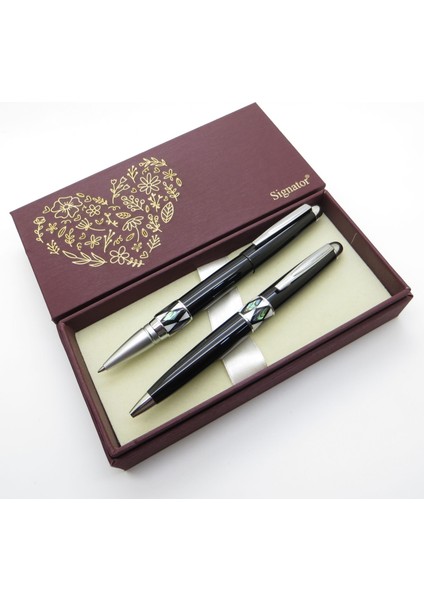 ® S259 Sedef Detaylı Siyah Lake Roller Kalem + Tükenmez Kalem Set | Isme Özel Kalem | Hediyelik Kalem fiyatları