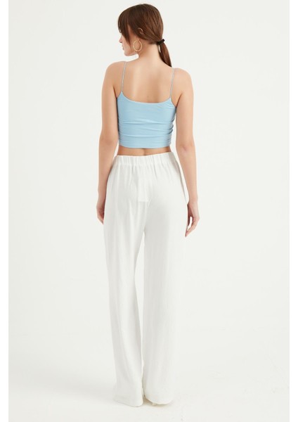 Beli Bağcıklı Bol Paça Pantolon Beyaz 3022 fırsatları